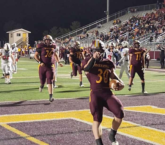 Walsh Jesuit running back Brock Sherman celebrates a touchdown against Austintown Fitch in Walsh's 58-21 win over the Falcons in the Division II, Region 5 regional quarterfinals on November , 2023. Photo credit: Ryan Isley, SBLive Sports.